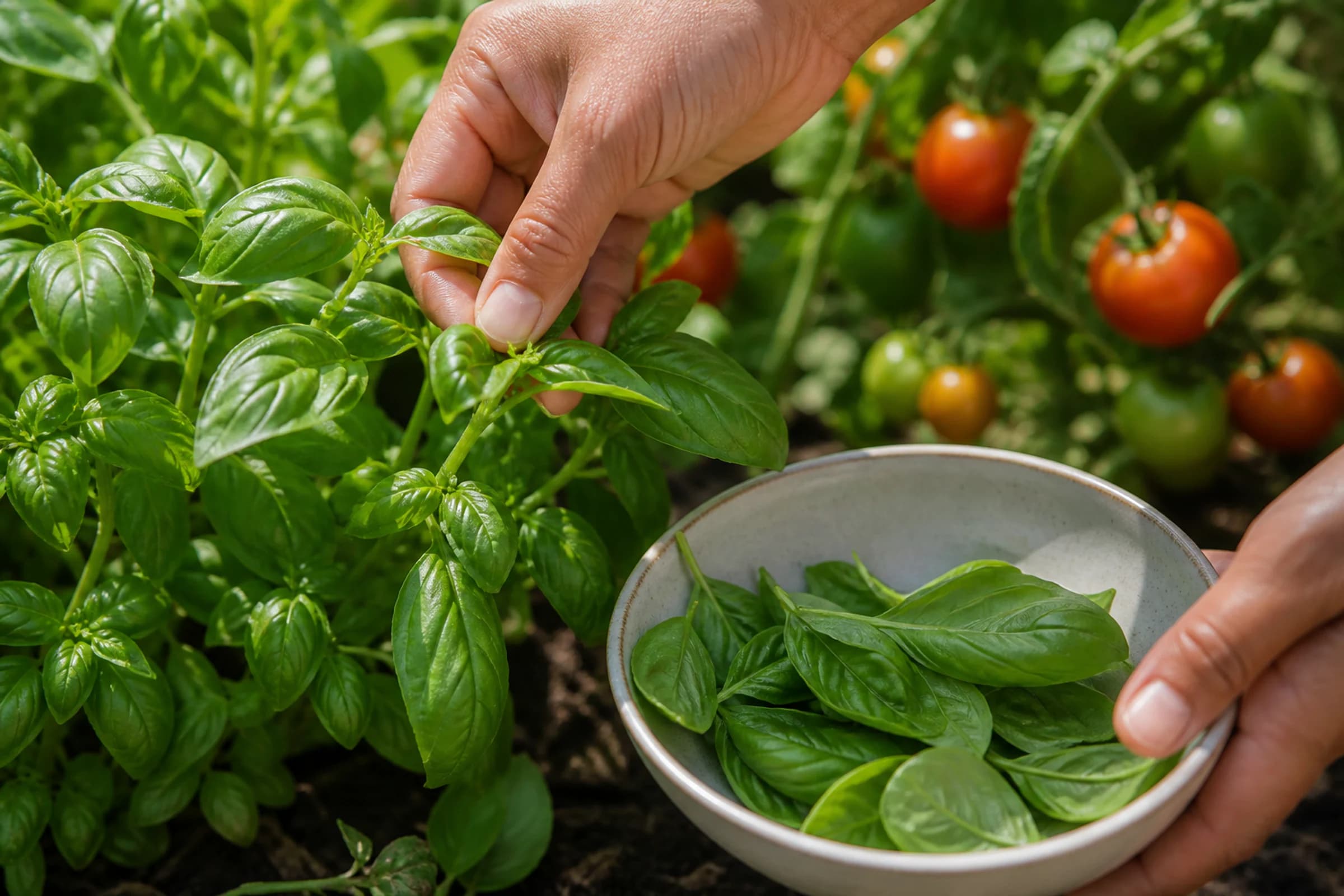 Hands harvesting fresh basil