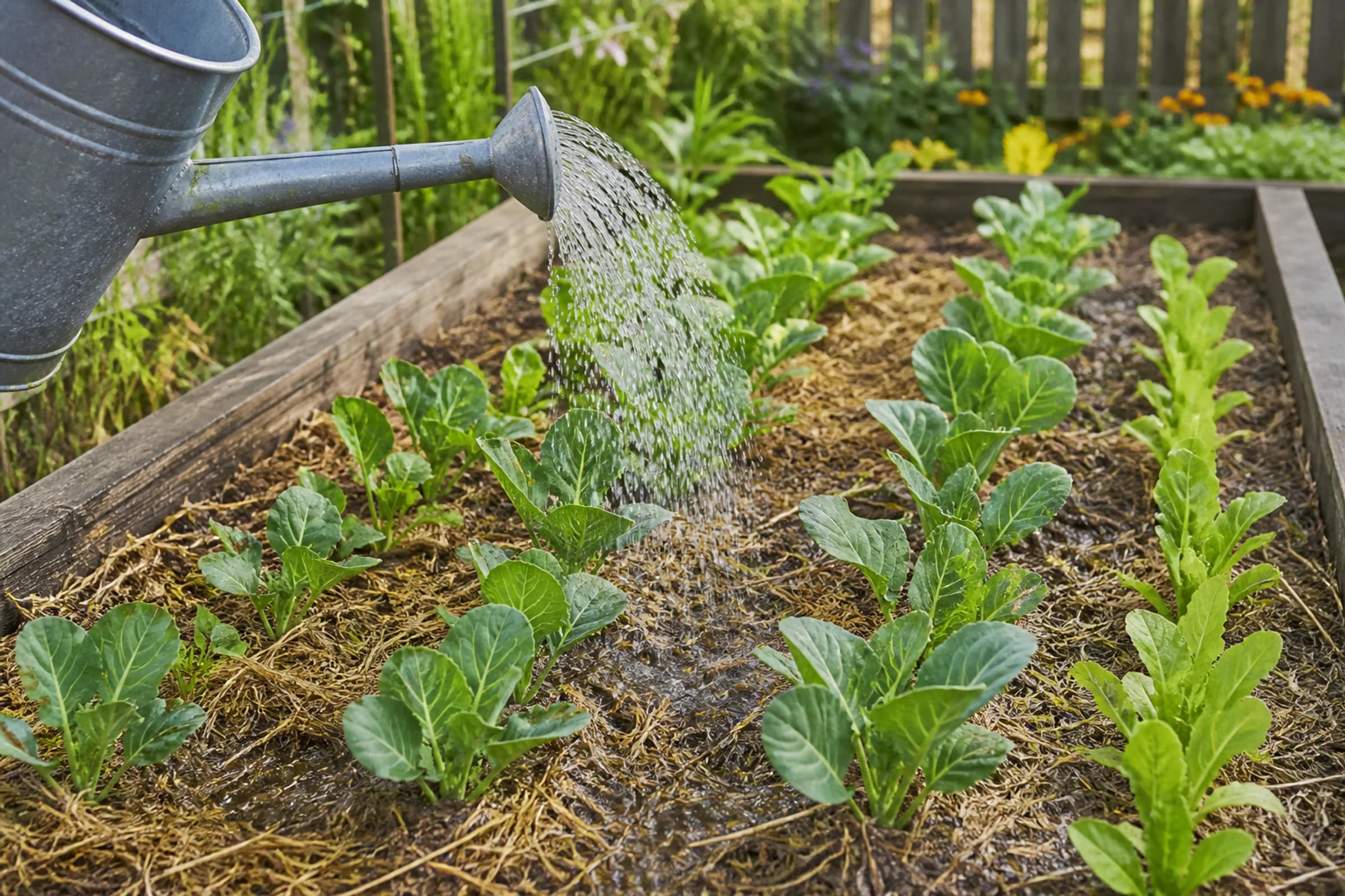 A watering can soaking a mulched raised bed